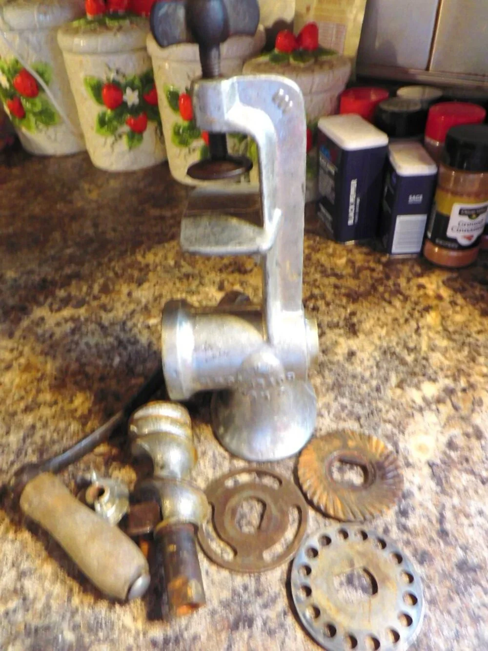 VINTAGE MANUAL MEAT GRINDER with DISCS